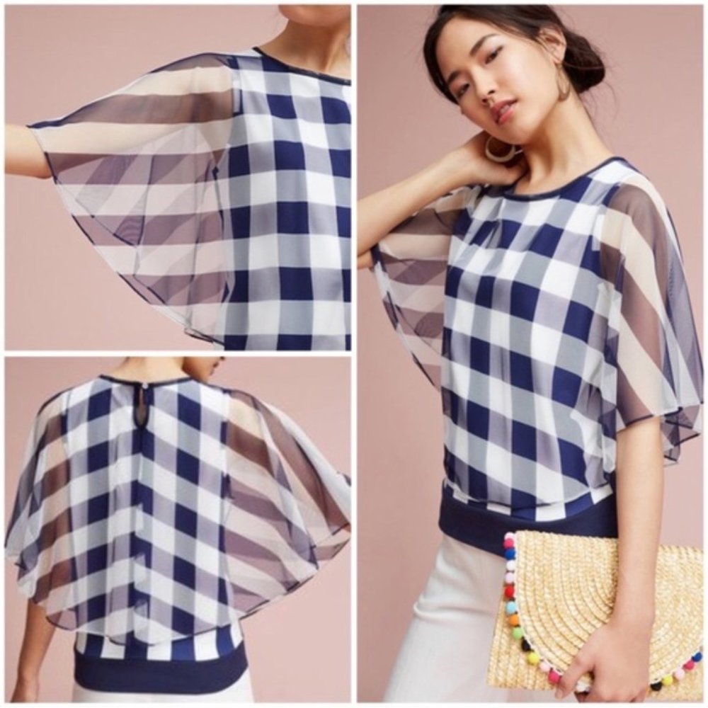 Anthropologie Postmark Gingham Elsie Blouse Top Blue White Sheer Mesh